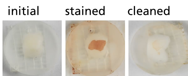 Photographic images of tooth enamel samples in their initial state, after discoloration and after cleaning. The samples were cleaned with a toothpaste containing cellulose.