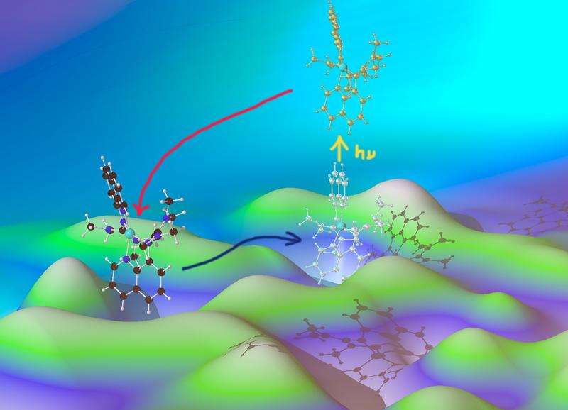 Entatic state model complexes optimize the energies of starting and final configuration to enable fast reaction rates (illustrated by the hilly ground). 