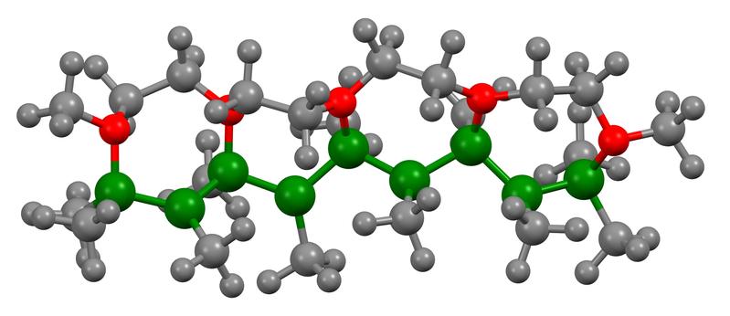 So könnte ein Polymer auf der Basis von Bor aussehen: Die Bor-Atome sind grün; die roten Kugeln entsprechen Sauerstoff-Atomen, die grauen Kohlenstoff- und Wasserstoff-Atomen. 