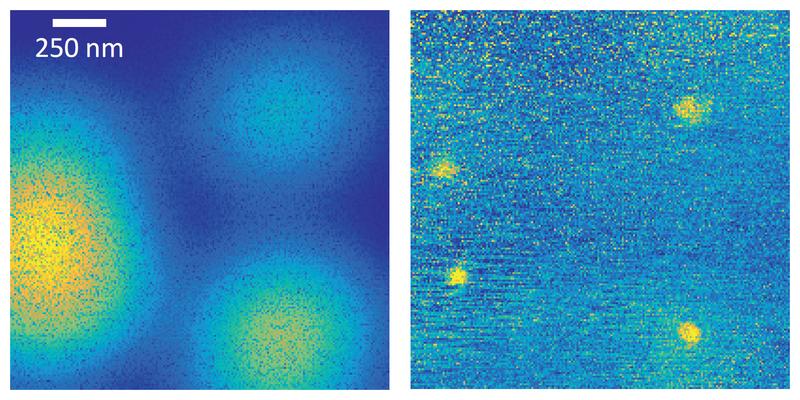 Image of quantum dots in a semiconductor: whereas the image taken with a normal microscope is blurry (left), the new method (right) clearly shows four quantum dots (bright yellow spots).
