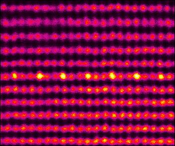 Abb. 1: Rastertransmissionselektronenmikroskopische Aufnahme der atomaren Anordnung in (In, Ga)N Monoschicht