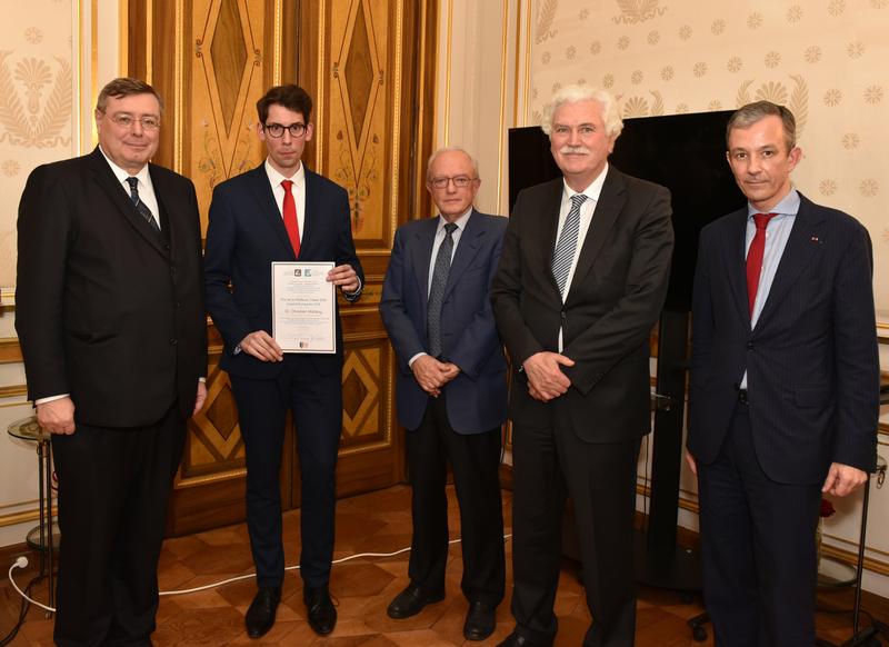 .): Pascal Hector, Gesandter der Botschaft, Preisträger Dr. Christian Mühling (JMU), Paul Scheebeli, Dr. Gerd Fußmann vom Rotary Club und David Capitant, Präsident der Deutsch-Franz. Hochschule.