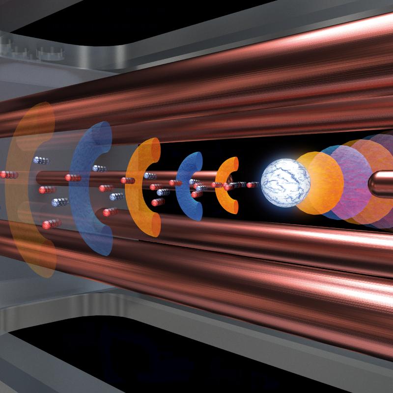 Artist’s impression: The laser beam approaches the electrodynamic particle trap from the left and impinges on the levitated plastic microsphere, accelerating a bunch of electrons and protons.