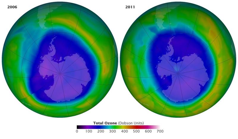 These images, not from the current study, show the Antarctic ozone ‘hole’ in September 2006 and 2011. They were made with data from the Ozone Monitoring Instrument on NASA’s Aura.