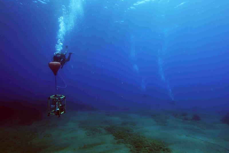 Ein Taucher transportiert ein Messgerät für die Wasserchemie zum Untersuchungsort.