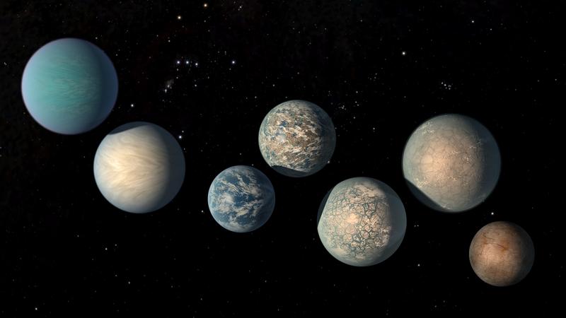 Die sieben TRAPPIST-1-Planeten. Die Illustration zeigt, wie die Oberflächen der fernen Welten aufgrund der neuen Resultate aussehen könnten.