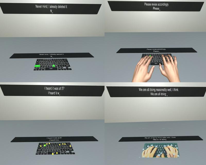 The representation of our hands has an effect on typing in VR. From upper left to bottom right: no hand representation, inverse kinematic model, fingertip visualization using spheres and video inlay.
