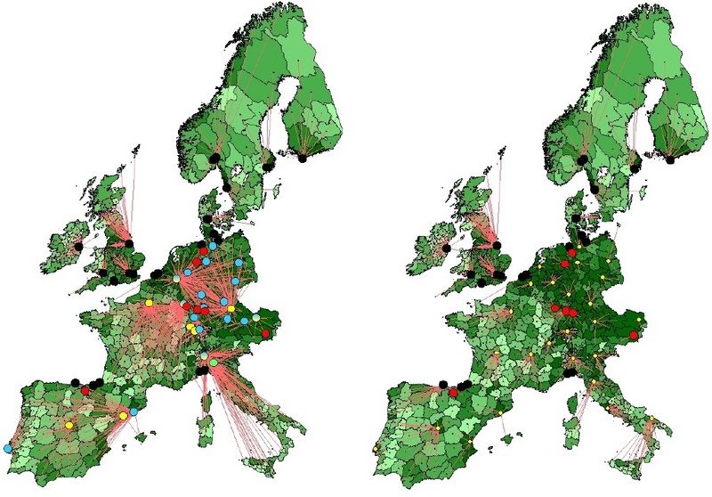 Distributionsnetze für Europa. Wenn sie fusioniert und optimiert werden, treten deutlich kürzere und weniger Verbindungen zwischen Händlern und Depots auf (rechts). ©Fraunhofer IML