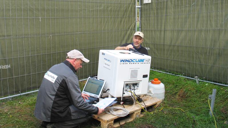 Aufbau eines LiDAR-Gerätes zur Bestimmung des Windpotenzials an einem Waldstandort.