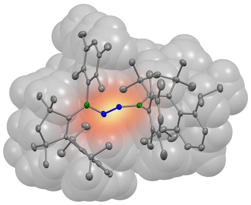 A nitrogen molecule (blue) has bonded with two borylene molecules (grey). The boron atoms involved in the bond are coloured green in the illustration. 