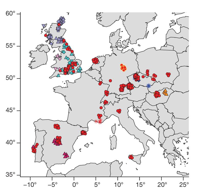 Geografische Herkunft der Proben mit neuen genomweiten Daten in der Studie