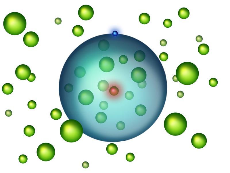 Das Elektron (blau) kreist um den Atomkern (rot) und schließt auf seiner Bahn zahlreiche Atome des Bose-Einstein-Kondensats (grün) ein.