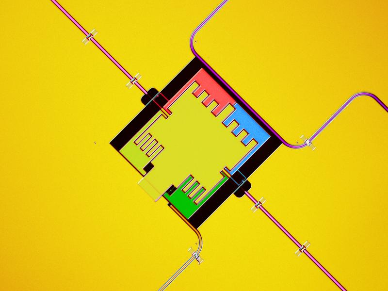 Schaltung zur Simulation der Lichtumwandlung: 3 Qubits (rot, blau und grün) sammeln Mikrowellenstrahlung aus dem violetten Hohlleiter. Dank dem Rauschsignal, das über die rosa Zuflusslinien eingebr