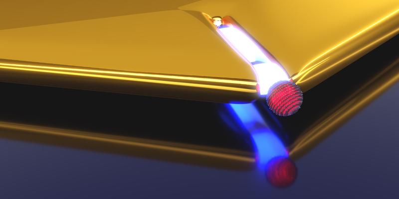 Künstlerische Darstellung eines plasmonischen Nano-Resonators in Form eines Schlitzes an einer Goldschicht. Durch die Annäherung eines Quantenpunktes (rot) verstärkt sich deren Wechselwirkung.