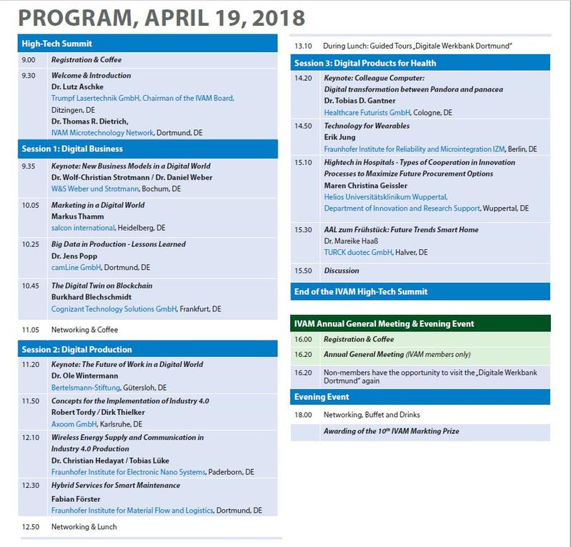 Programm des IVAM High-Tech-Summit am 19. April 2018