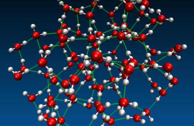 3-D model of liquid  water (oxygen red, hydrogen white): Intra- and intermolecular vibrations of hydrogen bonds (green) let the whole network "dance".