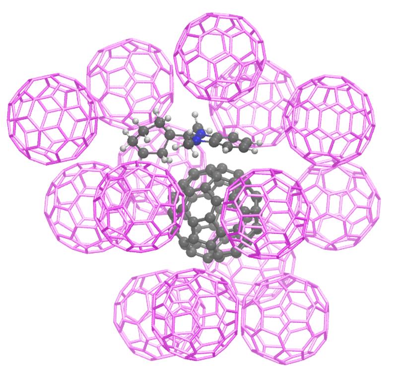 Atomares Strukturmodell eines Clusters des dotierten Halbleiters C60 mit Benzimidazolin-Dotand (Darstellung der Atome im Kugel-Stab-Modell)