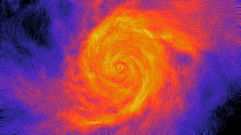 Auriga-Simulation: Die heutige magnetische Feldstärke. Die Stromlinien zeigen die Richtung der magnetischen Feldlinien an.