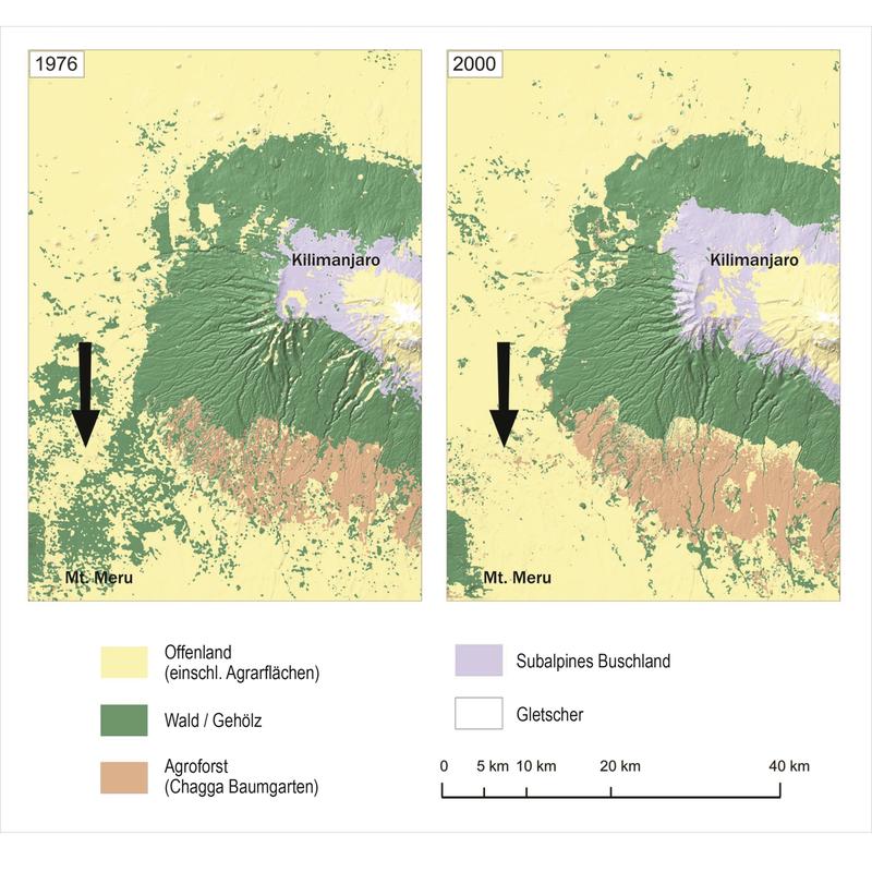 Zwischen 1976 und 2000 ist die natürliche waldreiche Vegetation zwischen dem Mt. Meru und dem Kilimanjaro weitgehend verschwunden.