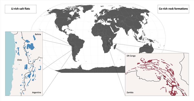 Regionen mit hoch konzentrierten Reserven: das „Lithium-Dreieck“ in Südamerika und, für Kobalt, der „Kupfergürtel“ in Zentralafrika.
