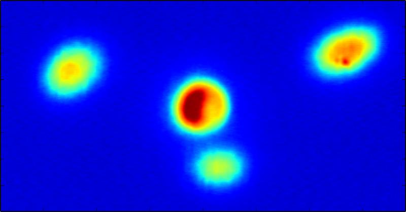 Abbild des Strahlungsquellpunktes an einem Dipolmagneten im Twin Orbit Modus. Der zweite Orbit schließt sich nach drei Umläufen und windet sich um den Standardorbit im Zentrum.