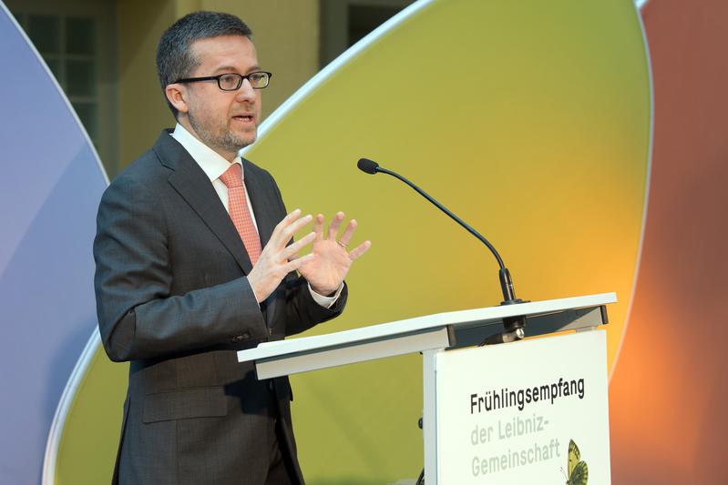 EU-Forschungskommissar Carlos Moedas skizziert beim Frühlingsempfang der Leibniz-Gemeinschaft am 16. März 2018 die Grundzüge des künftigen neunten europäischen Forschungsrahmenprogramms.