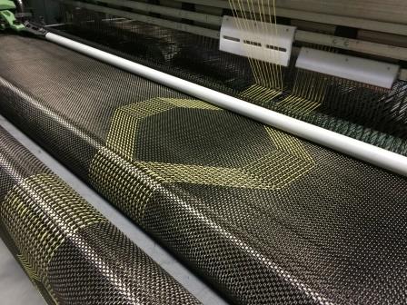 Produktionsprozeß des Open Reed Weaving: Einweben von Aramidfäden (gelb) in Carbongewebe