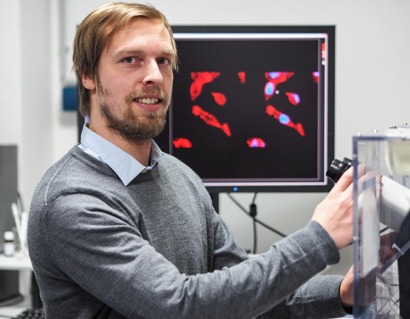 Forschungsgruppenleiter Sander Bekeschus beim Mikroskopieren von Tumorzellen