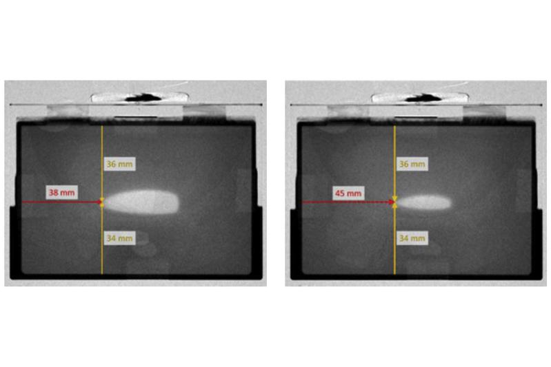 Füllung einer Lithiumionen-Zelle unter Vakuum: Die Benetzung der Elektrode (dunkler Bereich) schreitet von allen Seiten gleichmäßig voran. 