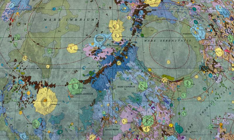 A map of a region of the Moon, including the Mare Imbrium ("Sea of Rains") 