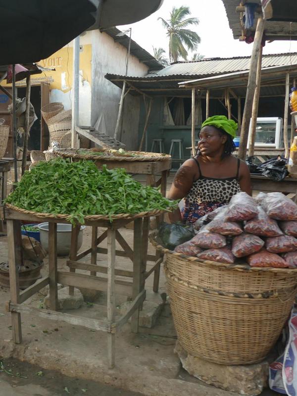 Marktfrau mit unverpacktem Blattgemüse  auf dem Markt in Abomey-Calaví (Benin). Ein alltägliches Bild der Lagerung von leicht verderblichen Lebensmitteln auf den Märkten in Westafrika. 