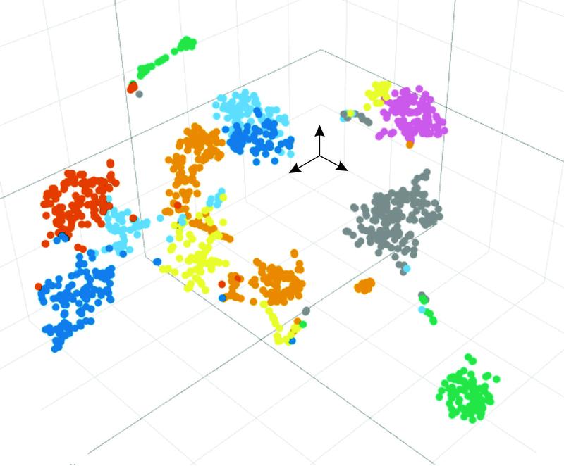 Darstellung des Fingerabdrucks der Genexpression jeder einzelnen Zelle in einer dreidimensionalen Projektion nach bioinformatischer Analyse zur Identifizierung des jeweiligen Zellphänotyps. 