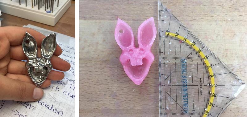 Schlüsselanhänger und Flaschenöffner zugleich ist dieser Osterhase aus recyceltem Metall, den Studierende der Hochschule Osnabrück entwickelt haben (links - fertiger Prototyp, rechts - Wachsmodell)