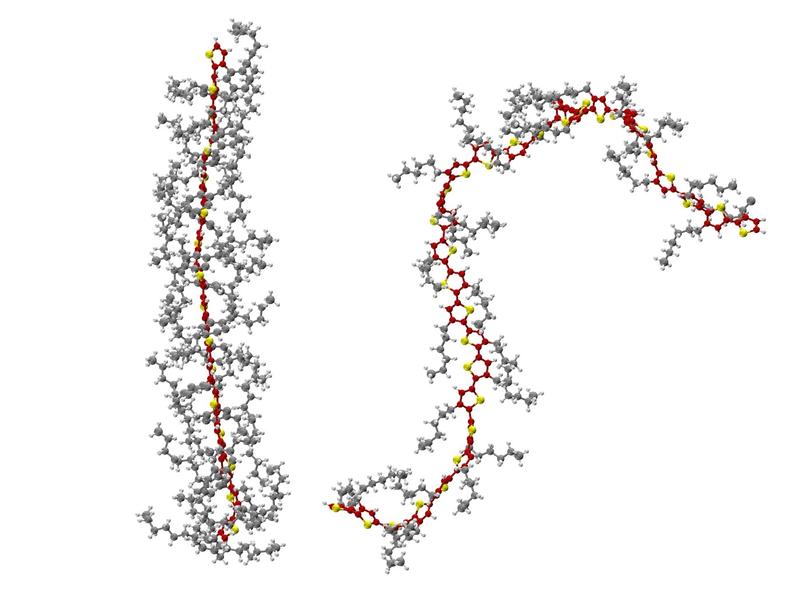 Links ein Polymer mit gestrecktem Rückgrat (rot-gelb). Die Seitenarme (grau) der molekularen Bausteine bilden ein Gerüst, das die Streckung stabilisiert. Rechts ein Polymer mit gekrümmtem Rückgrat.