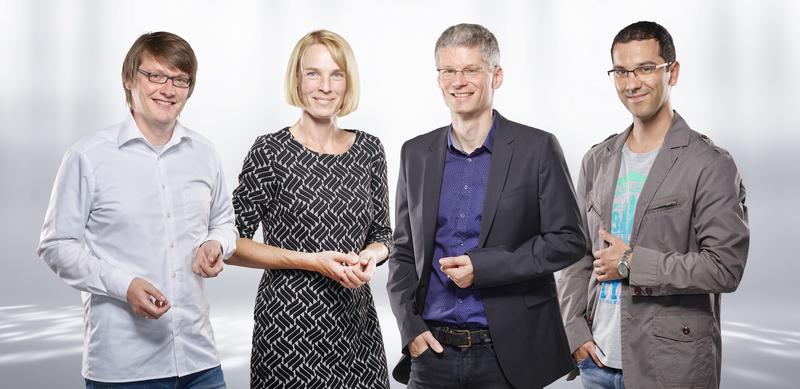 Data Science Consulting mit wissenschaftlicher Expertise bieten D:AI:MOND-Gründer Thilo Krüger, Professorin Verena Wolf, Professor Jens Dittrich und Dr. Endre Palatinus 