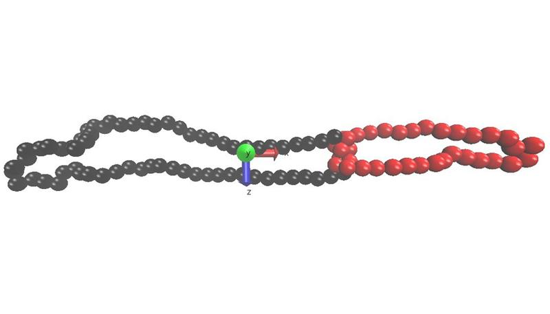 Ein Trefoil-Knoten unter starker Scherung, mit Hydrodynamik, in seinem delokalisierten, gelockerten Zustand. Der als Knoten erkannte Bereich ist rot markiert, der Rest des Rings ist schwarz.