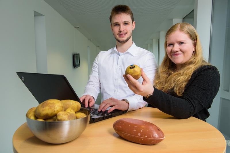 Hannah Stein und Mirco Pyrtek (l.) arbeiten im Team von Prof. Wolfgang Maaß mit daran, Daten rund um die Kartoffel zu vernetzen. Hierzu lassen sie eine künstliche Knolle (auf dem Tisch) miternten.