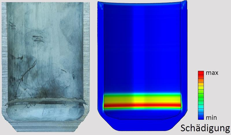 Umlaufender Riss im fließgepressten Napf: reales Teil (links) und Simulation (rechts). 