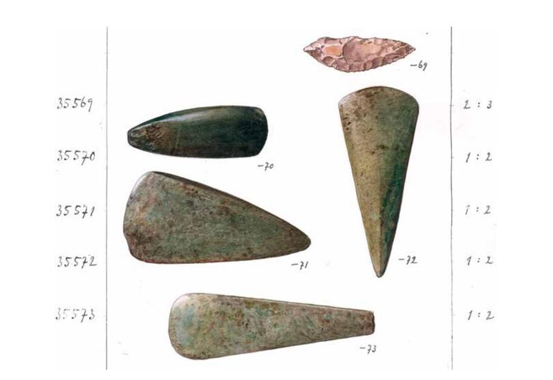 Aquarelle des Depotfunds von Altenstadt (Wetteraukreis) aus dem Inventar der Nachbildungen des RGZM (Inv. 35569-35573). 