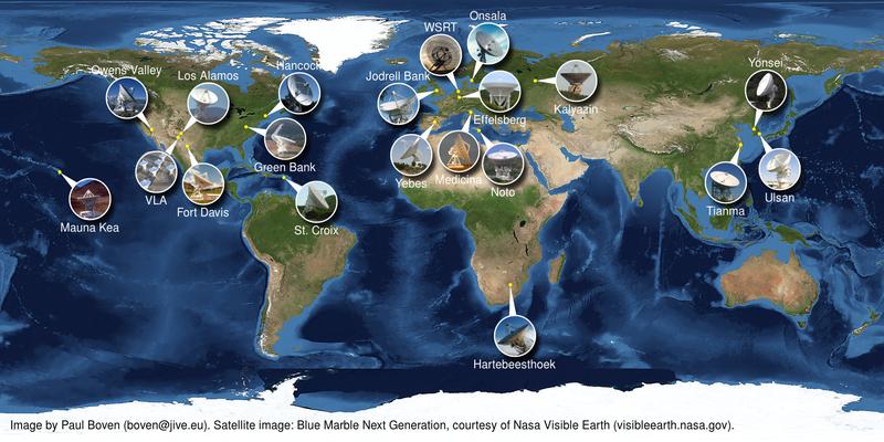 Part of the global network of ground radio telescopes that participated in the observations of Perseus A.