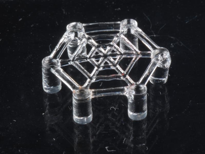 Durch Mikro-Stereolithographie lassen sich elastisch Strukturen, wie dieses Spinnennetz aus dem Polymer PDMS, herstellen. 