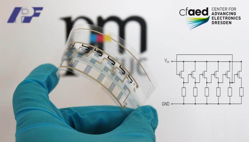 Auf Halbleiterpolymeren basierender Ringoszillator mit fünf Transistorstufen, hergestellt mit modernen Druckverfahren - Kooperation mit TU Chemnitz, Institute for Print and Media Technology (pmTUC)