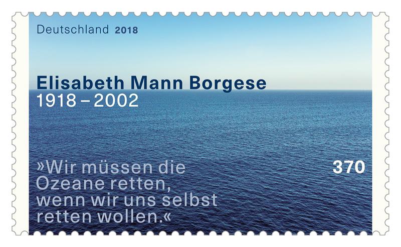 Zum Gedenken an den 100. Geburtstag von Elisabeth Mann Borgese erscheint am 12. April 2018 eine Sonderbriefmarke. Gestaltet wurde sie von Nicole Elsenbach.