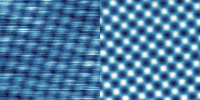 Eine Aufnahme einzelner Atome – links ohne Vibrationsdämpfung, rechts mit Vibrationsdämpfung 