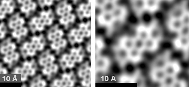 Übersichtsbild eines selbstorganisierten molekularen Netzwerks. Die Vergrößerung rechts zeigt ein einzelnes Molekül (Mitte), das von sechs teilweise sichtbaren Molekülen umgeben ist.