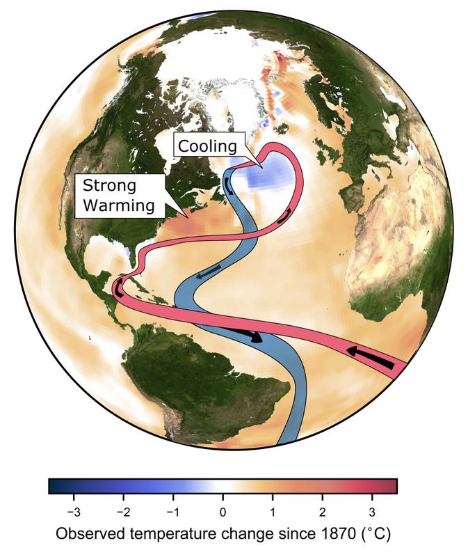 In the face of global warming a region in the Northern Atlantic, close to Greenland, is cooling - scientists link this to a worrying slowdown of the Atlantic Overturning Circulation.