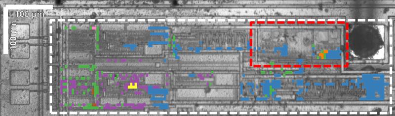 Abb. 1: Untersuchtes Bauteil MAX14850 mit Kartierung der auftretenden Effekte. Den rot umrandeten Bereich zeigt Abbildung 2 in feinerer Auflösung.