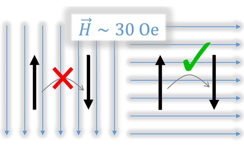 Depending on the orientation of an applied magnetic field, quantum tunneling of the magnetisation allows to either freeze or to flip magnetic moments.