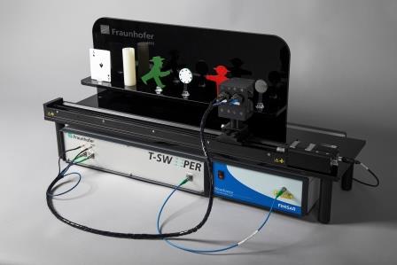 Das Foto zeigt den T-Sweeper und die schnell durchstimmbare Laserquelle Finisar® WaveSource™ im Demonstrationsaufbau zur Schichtdickenbestimmung an un-terschiedlichen Probekörpern.