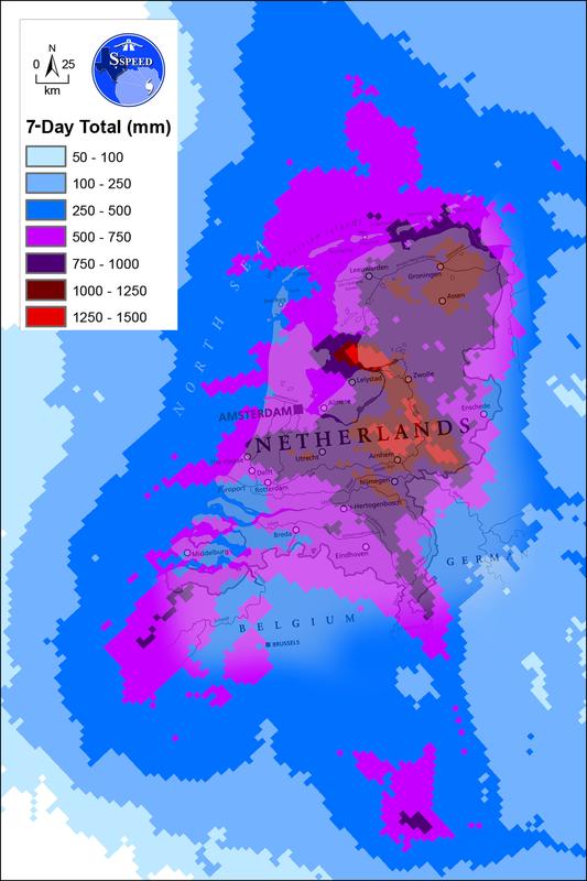 Harvey rainfall map overlaid onto a map of the Netherlands to illustrate the size and extent of the flooding